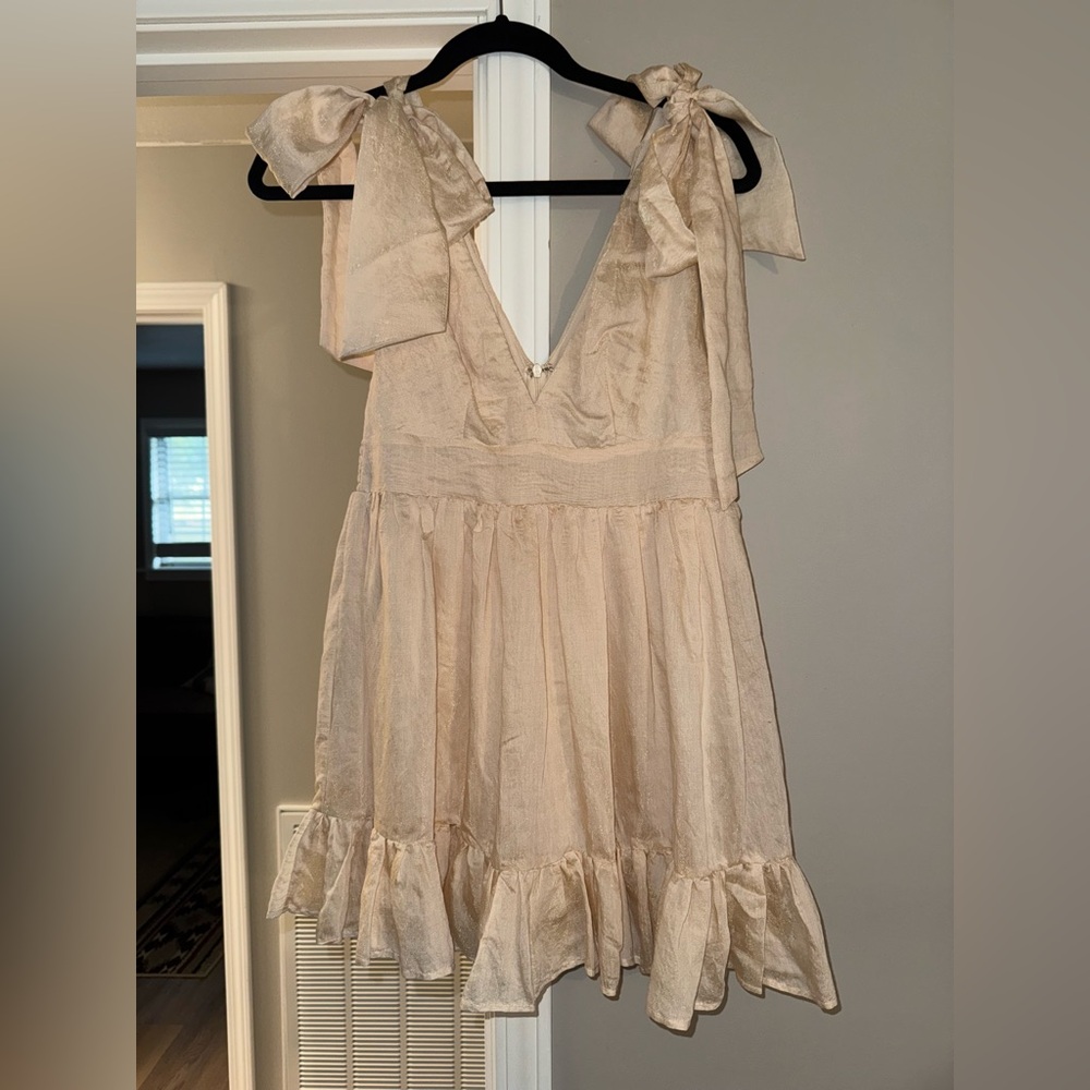 MABLE Cream Backless Dress with Ruffle Hem. NWT